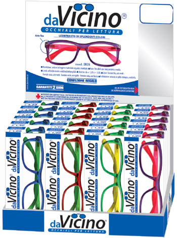 Espositore da banco per 24 occhiali da lettura mod. Iris con contrasto di colori splendenti. Solo per la presbiopia semplice.